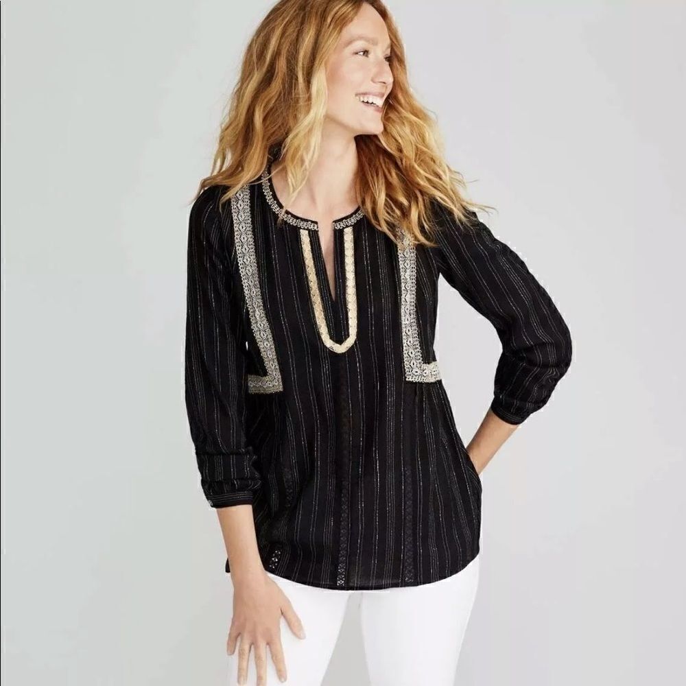 J Jill Peasant Blouse XS Black White Stripe Lace